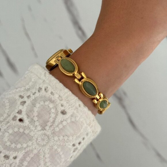 Sku:0357 cute gold watch bracelet with green natural stone inserts+in a gift bag